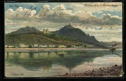 AK Drachenfels, Ortsansicht mit Wolkenburg und Rhein