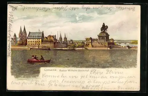 Glitzer-Perl-Lithographie Coblenz, Panorama mit Kaiser Wilhelm-Denkmal