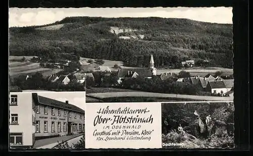 AK Ober-Abtsteinach / Odenwald, Dachfelsen, Gasthof-Pension Rose, Panorama mit Kirche