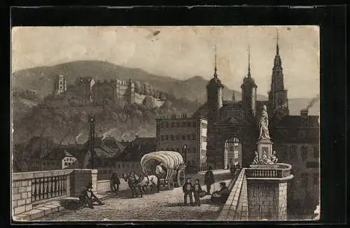 AK Heidelberg, Die alte Neckarbrücke mit Blick auf das Schloss