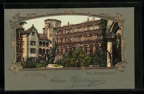 AK Heidelberg, Otto Heinrichsbau mit Hofanlagen