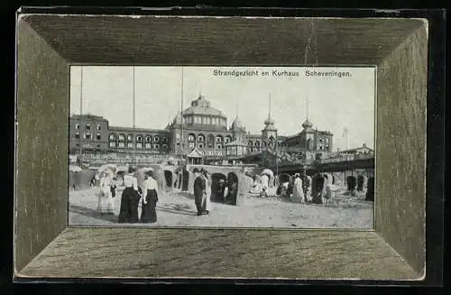 Mechanische-AK Scheveningen, Strandgezicht en Kurhaus, Rahmenpostkarte mit Aufstellvorrichtung