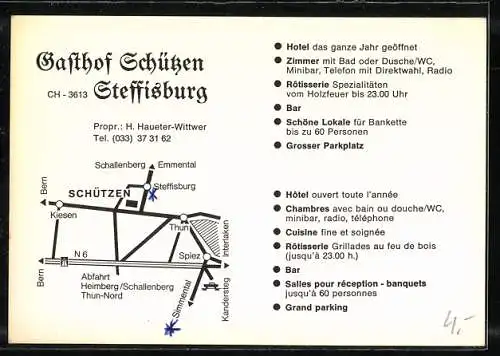 AK Steffisburg, Gasthof-Hotel Schützen H. Haueter-Wittwer, mit Strasse und Garten, rückseitig Lageplan