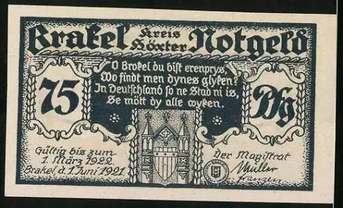 Notgeld Brakel /Höxter 1921, 75 Pfennig, Der Alte Brakeler Weihnachstwunsch