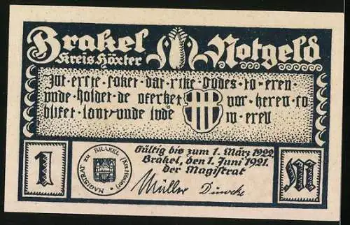 Notgeld Brakel /Höxter 1921, 1 Mark, Partie in der Antonius-Strasse