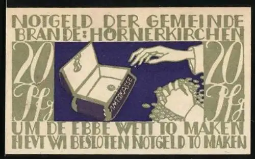 Notgeld Brande-Hörnerkirchen, 20 Pfennig, Die Amtskasse wird ausgezählt