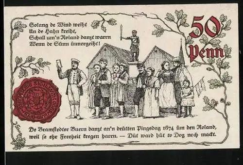 Notgeld Bad Bramstedt 1920, 50 Pfennig, Die Bramstedter Bauern tanzen am 3. Pfingsttag 1674