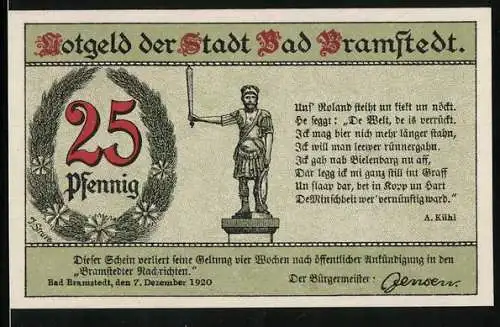 Notgeld Bad Bramstedt 1920, 25 Pfennig, Wasserträgerin am Brunnen, Rolandsstatue