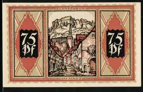 Notgeld Braunschweig 1921, 75 Pfennig, Strassenpartie in Blankenburg