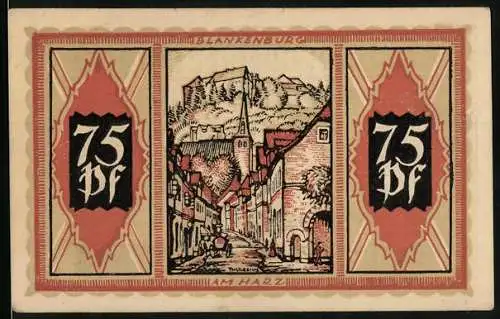 Notgeld Braunschweig 1921, 75 Pfennig, Strassenpartie in Blankenburg mit Blick zur Kirche
