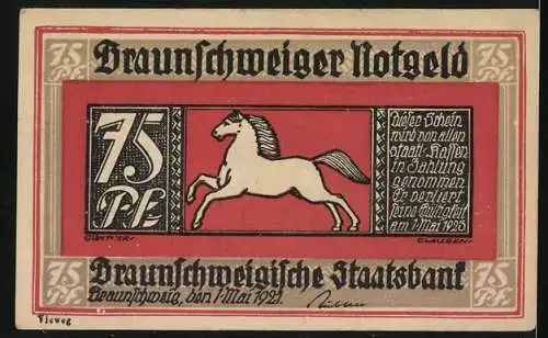 Notgeld Braunschweig 1921, 75 Pfennig, Strassenpartie in Blankenburg mit Blick zur Kirche