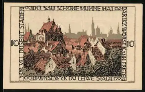 Notgeld Braunschweig 1921, 10 Pfennig, Ortspartie mit Kirche
