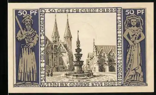 Notgeld Braunschweig 1921, 50 Pfennig, Stadtmarkt mit Brunnen