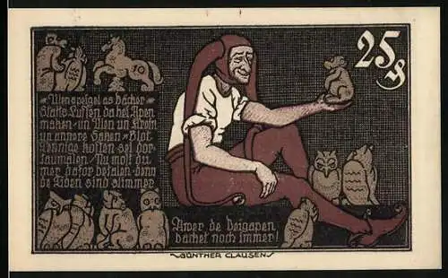 Notgeld Braunschweig 1921, 25 Pfennig, Till Eulenspiegel backt Meerkatzen und Eulen