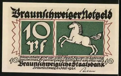 Notgeld Braunschweig 1921, 10 Pfennig, Till mit einer Eule und einem Spiegel