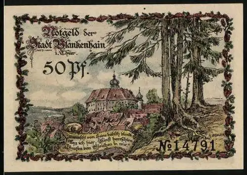 Notgeld Blankenhain i. Thür., 50 Pfennig, Töpferin und Blick aufs Schloss