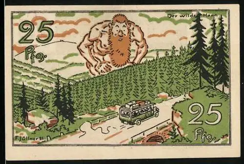 Notgeld Braunschweig 1921, 25 Pfennig, Kraftverkehrs-GmbH-Gutschein, Riese schaut auf ein Auto