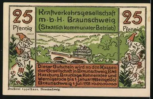 Notgeld Braunschweig 1921, 25 Pfennig, Kraftverkehrs-GmbH-Gutschein, Riese schaut auf ein Auto