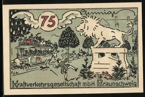 Notgeld Braunschweig 1921, 75 Pfennig, Kraftverkehrs-GmbH-Gutschein, Löwenstatue und voller Reisebus