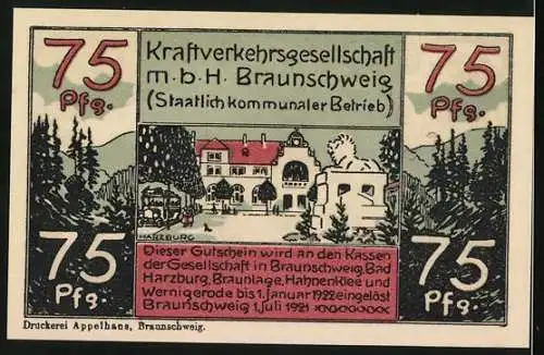 Notgeld Braunschweig 1921, 75 Pfennig, Kraftverkehrs-GmbH-Gutschein, Löwenstatue und voller Reisebus
