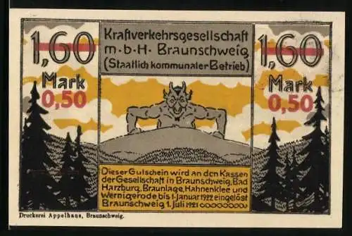 Notgeld Braunschweig 1921, 1,60 /0,50 Mark, Kraftverkehrs-GmbH-Gutschein, Hexen fliehen vor dem Reisebus