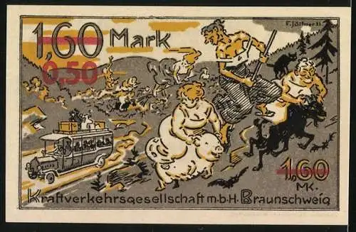 Notgeld Braunschweig 1921, 1,60 /0,50 Mark, Kraftverkehrs-GmbH-Gutschein, Hexen fliehen vor dem Reisebus
