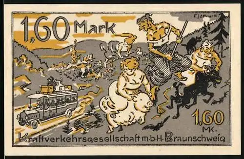 Notgeld Braunschweig 1921, 1,60 Mark, Kraftverkehrs-GmbH-Gutschein, Hexen fliehen vor dem Reisebus