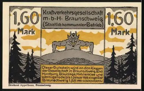 Notgeld Braunschweig 1921, 1,60 Mark, Kraftverkehrs-GmbH-Gutschein, Hexen fliehen vor dem Reisebus