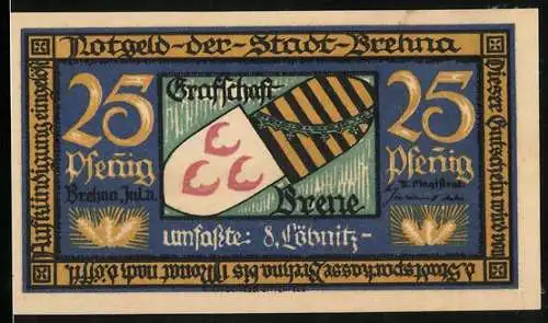 Notgeld Brehna 1921, 25 Pfennig, Ortsansicht und Stadtwappen