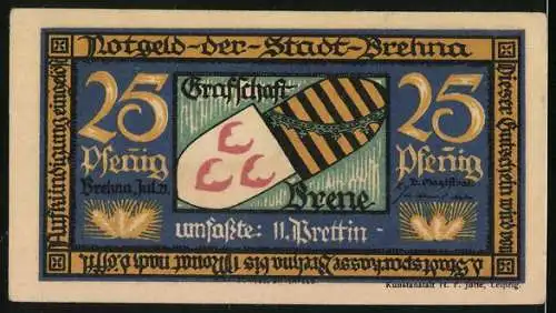 Notgeld Brehna 1921, 25 Pfennig, Ortsansicht über Anbaufelder