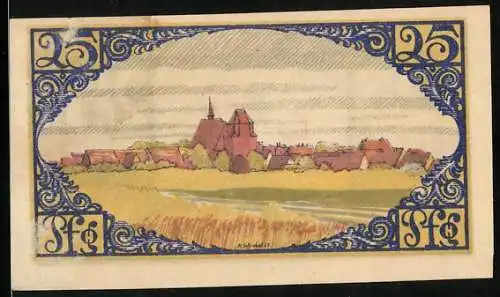 Notgeld Brehna 1921, 25 Pfennig, Ortsansicht über Felder hinweg