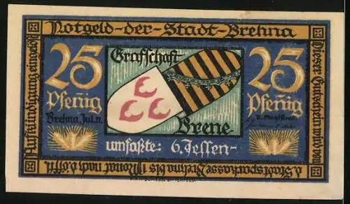 Notgeld Brehna 1921, 25 Pfennig, Ortsansicht über Felder hinweg