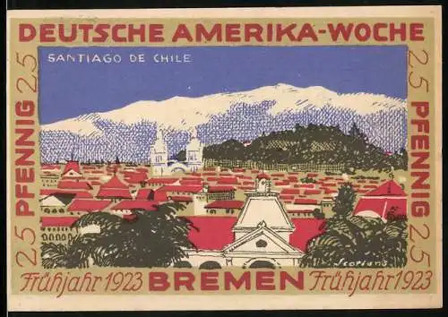Notgeld Bremen 1923, 25 Pfennig, Deutsche Amerika-Woche, Ansicht von Santiago de Chile
