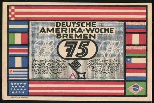 Notgeld Bremen 1923, 75 Pfennig, Deutsche Amerika-Woche, Hafenansicht in Bremerhaven
