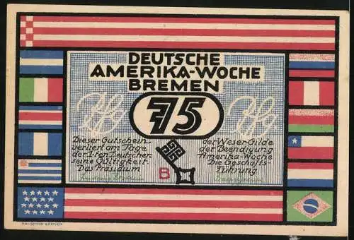 Notgeld Bremen 1923, 75 Pfennig, Deutsche Amerika-Woche, Hafenansicht von Buenos Aires