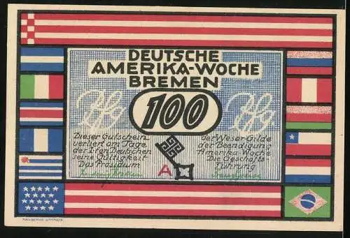 Notgeld Bremen 1923, 100 Pfennig, Deutsche Amerika-Woche, Rathaus in Bremen