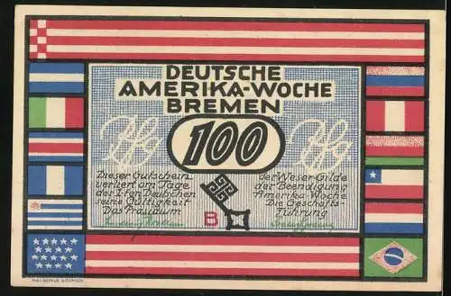 Notgeld Bremen 1923, 100 Pfennig, Deutsche Amerika-Woche, Hafenansicht von New York