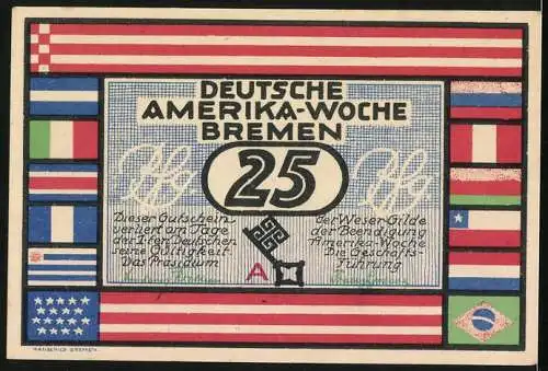 Notgeld Bremen 1923, 25 Pfennig, Deutsche Amerika-Woche, Flusspanorama in Bremen
