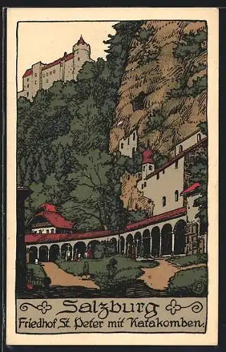 Steindruck-AK Salzburg, Friedhof St.Peter mit Katakomben