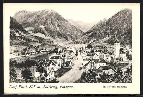 AK Fusch an der Grossglocknerstrasse, Strassenansicht mit Kirche aus der Vogelschau