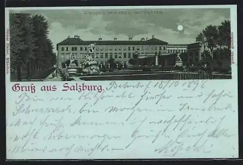 Mondschein-Lithographie Salzburg, Schloss Mirabell mit Garten