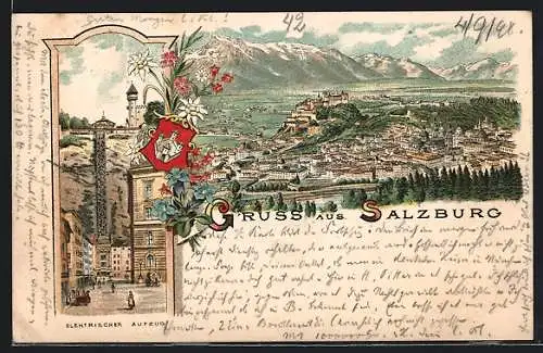 Lithographie Salzburg, Totalansicht mit Hohensalzburg, Elektrischer Aufzug
