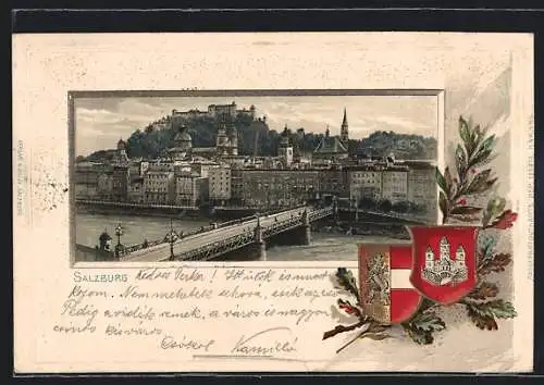 Lithographie Salzburg, Ortsansicht mit Wappen