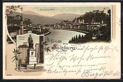 Lithographie Salzburg, Blick auf die Ortschaft vom Mülln, Mozart Denkmal