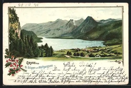 Lithographie St. Gilgen a. Wolfgangsee, Totalansicht mit Seenlandschaft