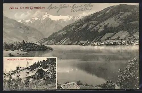 AK Zell am See, Tumersbach, Hotel Bellevue, Ortsansicht mit Kitzsteinhorn