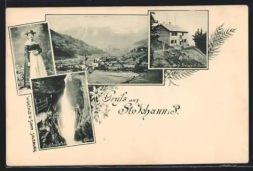 AK St. Johann i. S., Hoch-Grüneck-Haus, Lichtenstein Klamm, Frau in Salzburger Tracht