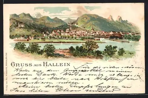 Lithographie Hallein, Ortsansicht mit Bergpanorama