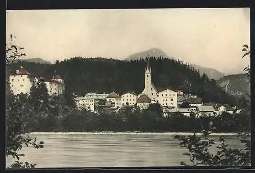 AK Golling, Blick übers Wasser zum Ort mit Kirche