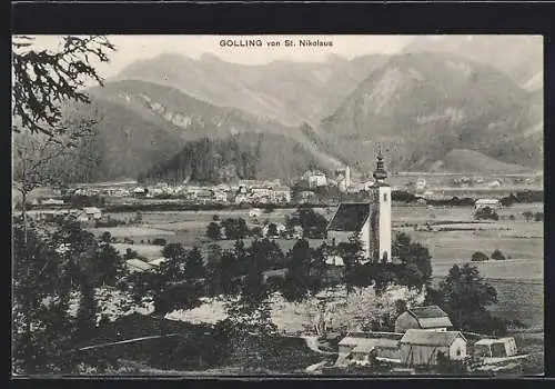 AK Golling, Ortspartie mit Kirche von St. Nikolaus aus